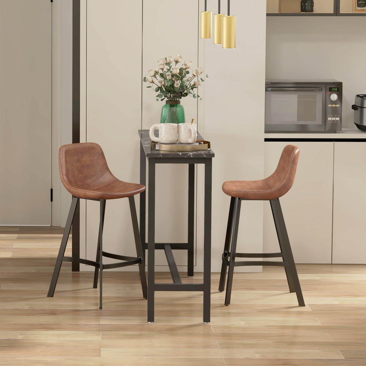 PU Leather Counter Stools with Curved Back and Steel Legs, Set of 2, Brown