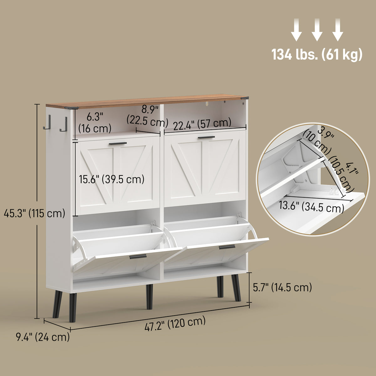 Shoe Storage Cabinet with 4 Flip Drawers – 47"W x 45"H