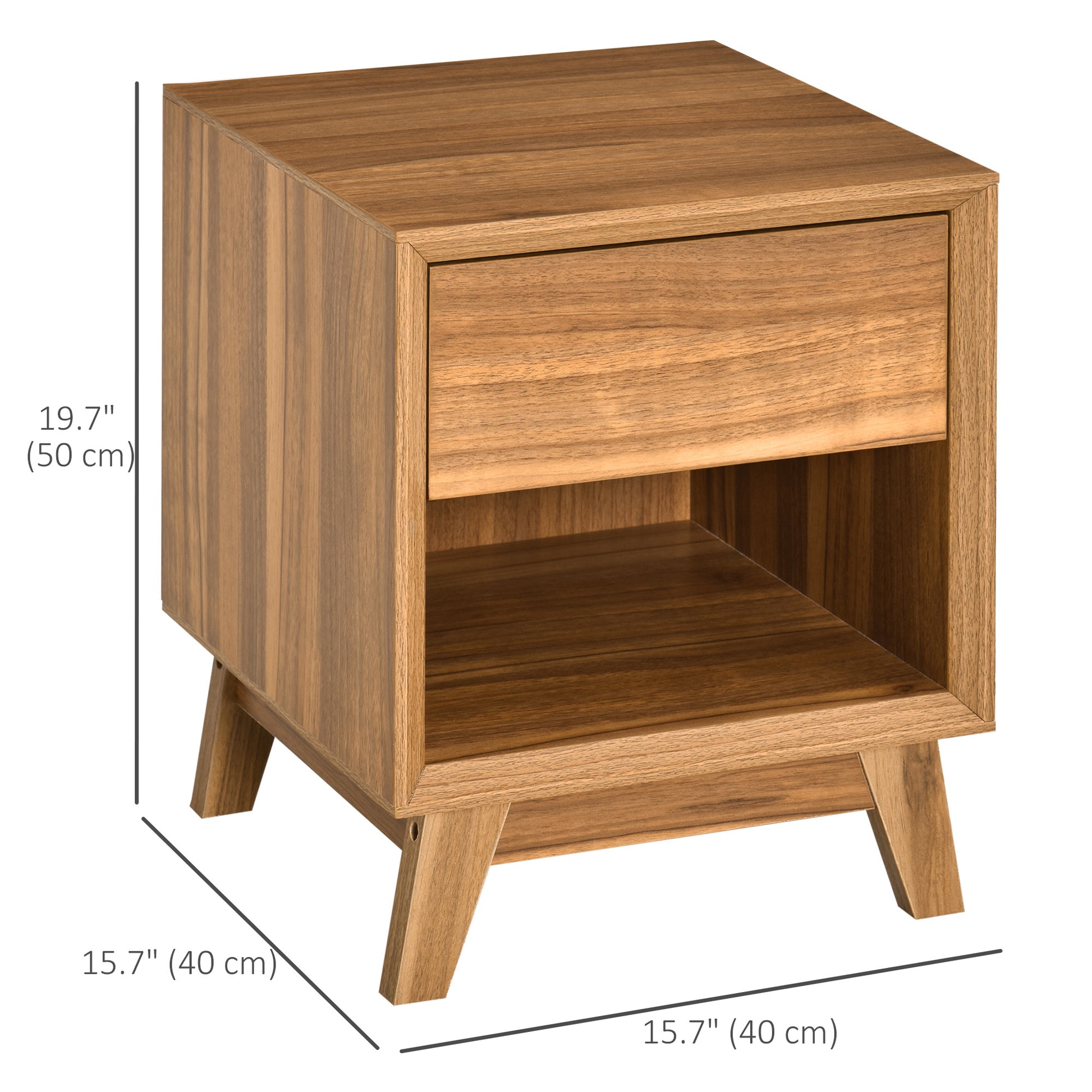 HOMCOM Modern Walnut Bedside Nightstand with Drawer and Open Storage Shelf