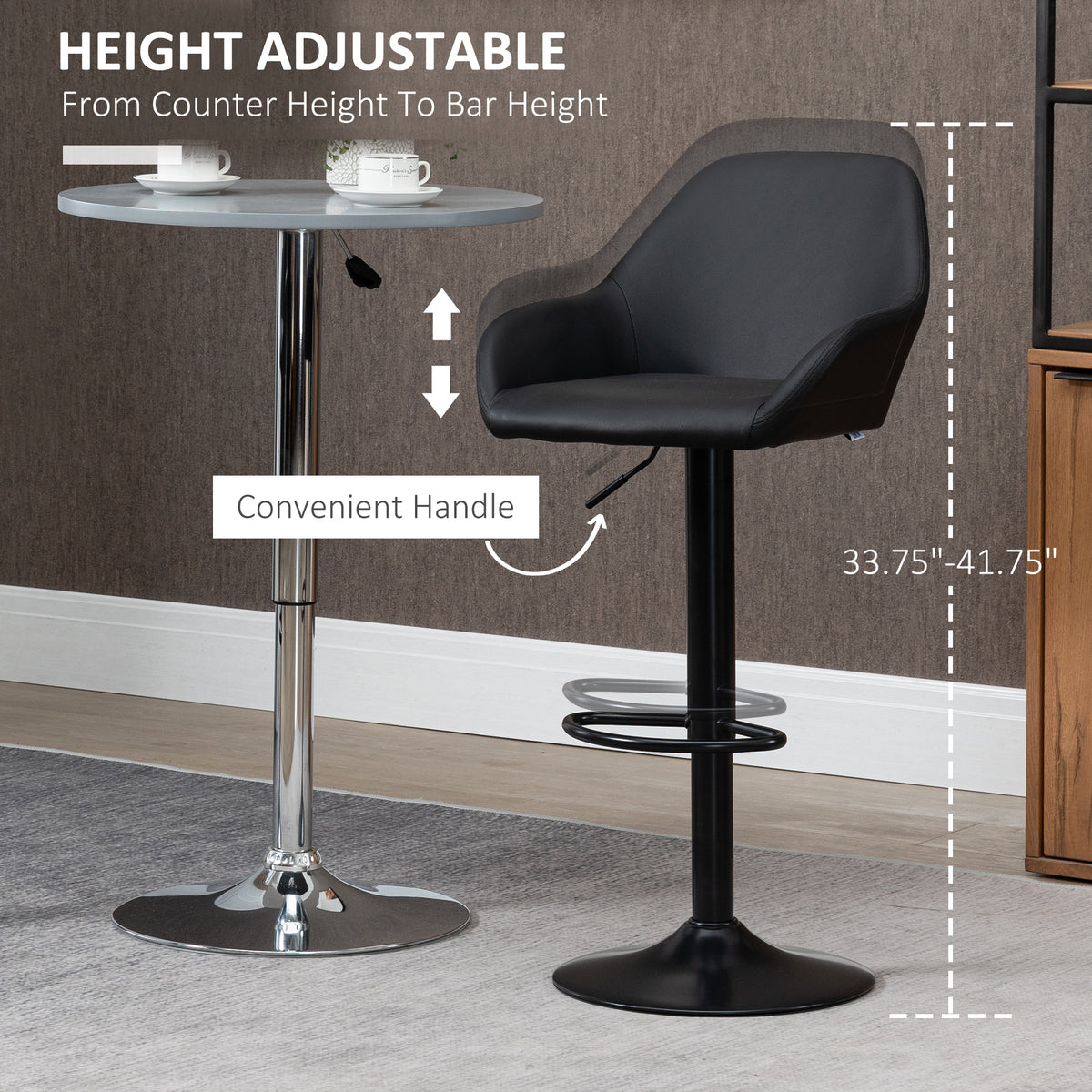 Retro PU Leather Swivel Bar Stools with Footrest and Mid Back, Round Base, Set of 2, Black