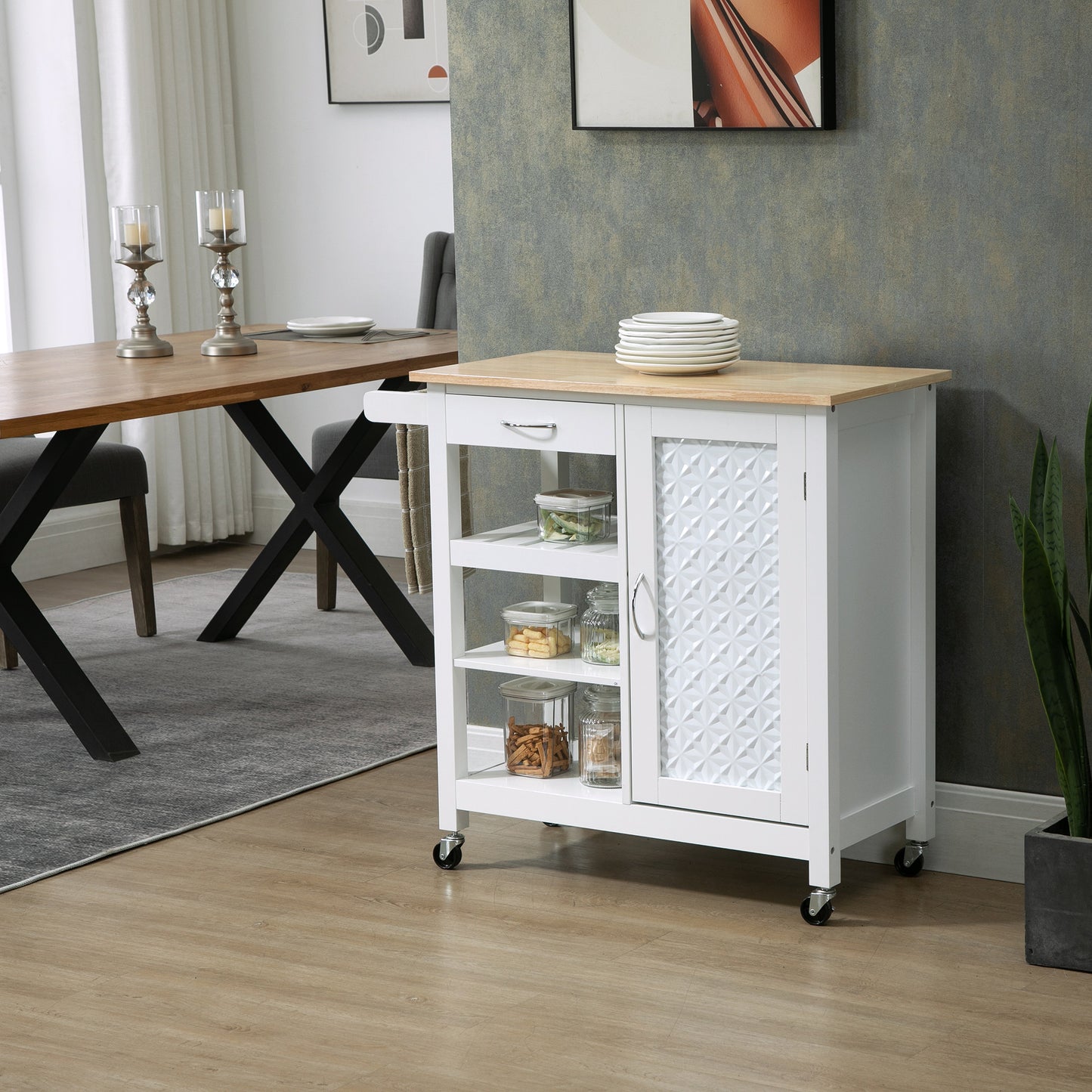 HOMCOM Kitchen Cart with Embossed Door Panel and Wheels, White