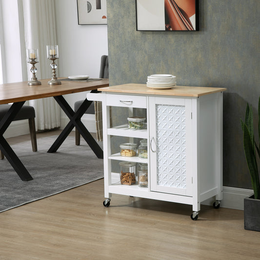 HOMCOM Kitchen Cart with Embossed Door Panel and Wheels, White