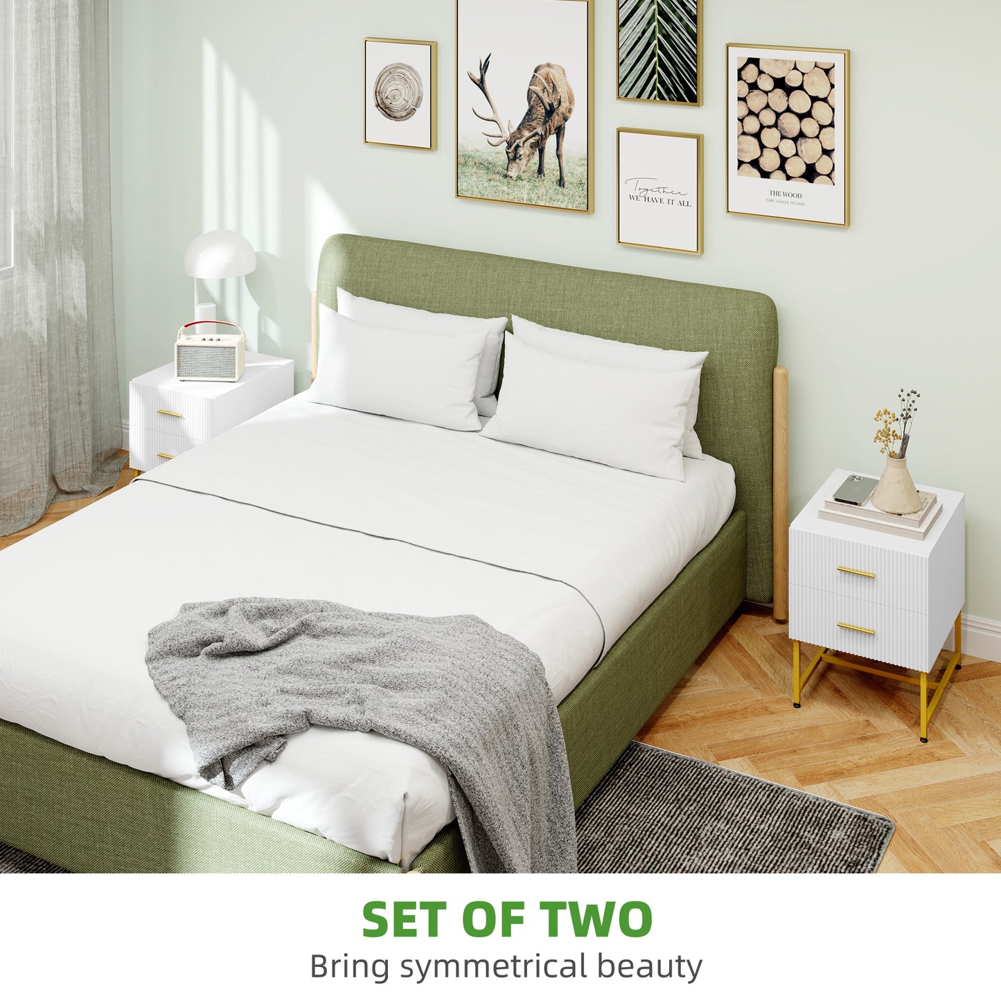 Modern White Nightstands Set, 2 Fluted Drawers, Gold Legs, Bedroom Storage Tables