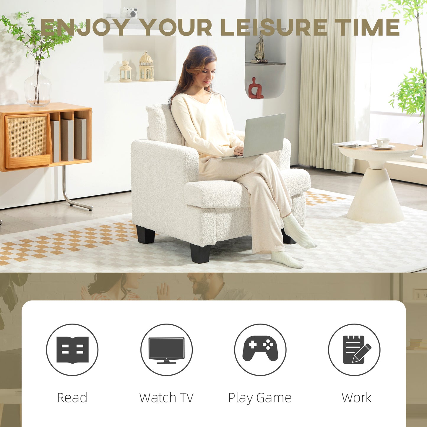 Modern Cream White Chenille Accent Armchair with Wood Frame, Back Pillow