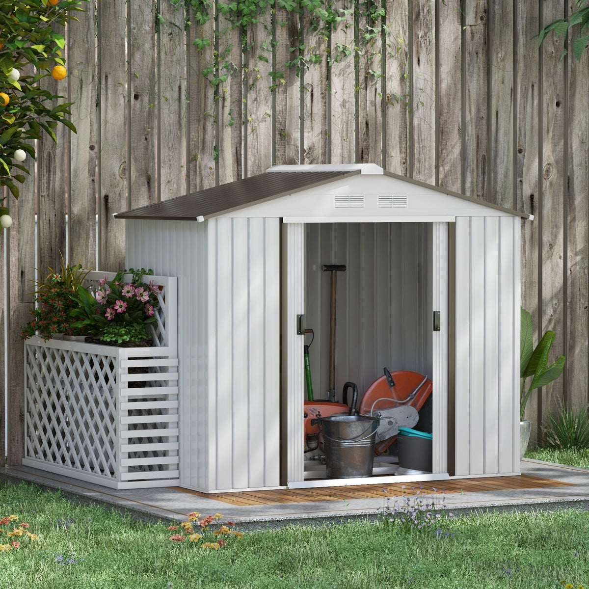 7'x 4'x 6' Garden Tool Shed Metal Storage Shed w/ Foundation Kit, Vents and Double Doors – Silver