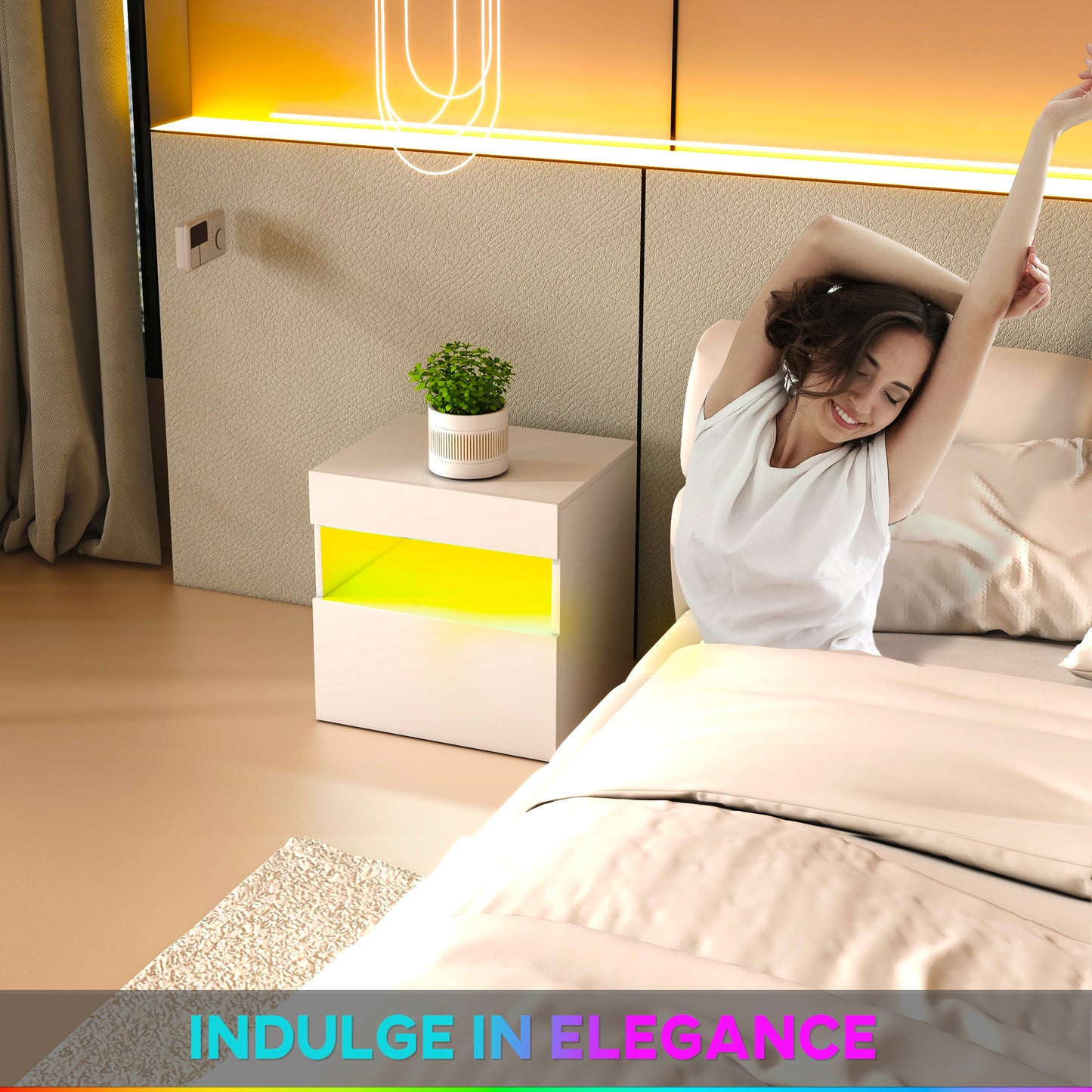 HOMCOM Modern White LED Nightstand Bedside Table with Drawer & Storage