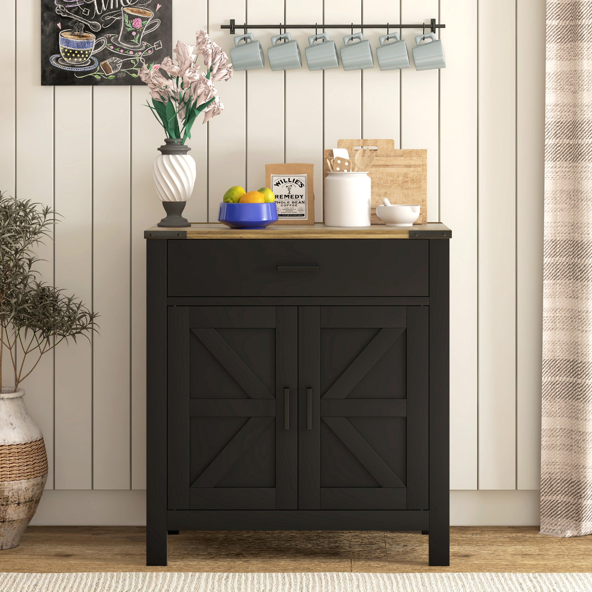 Farmhouse Kitchen Storage Cabinet with Drawer and Shelf – 31"W x 33"H