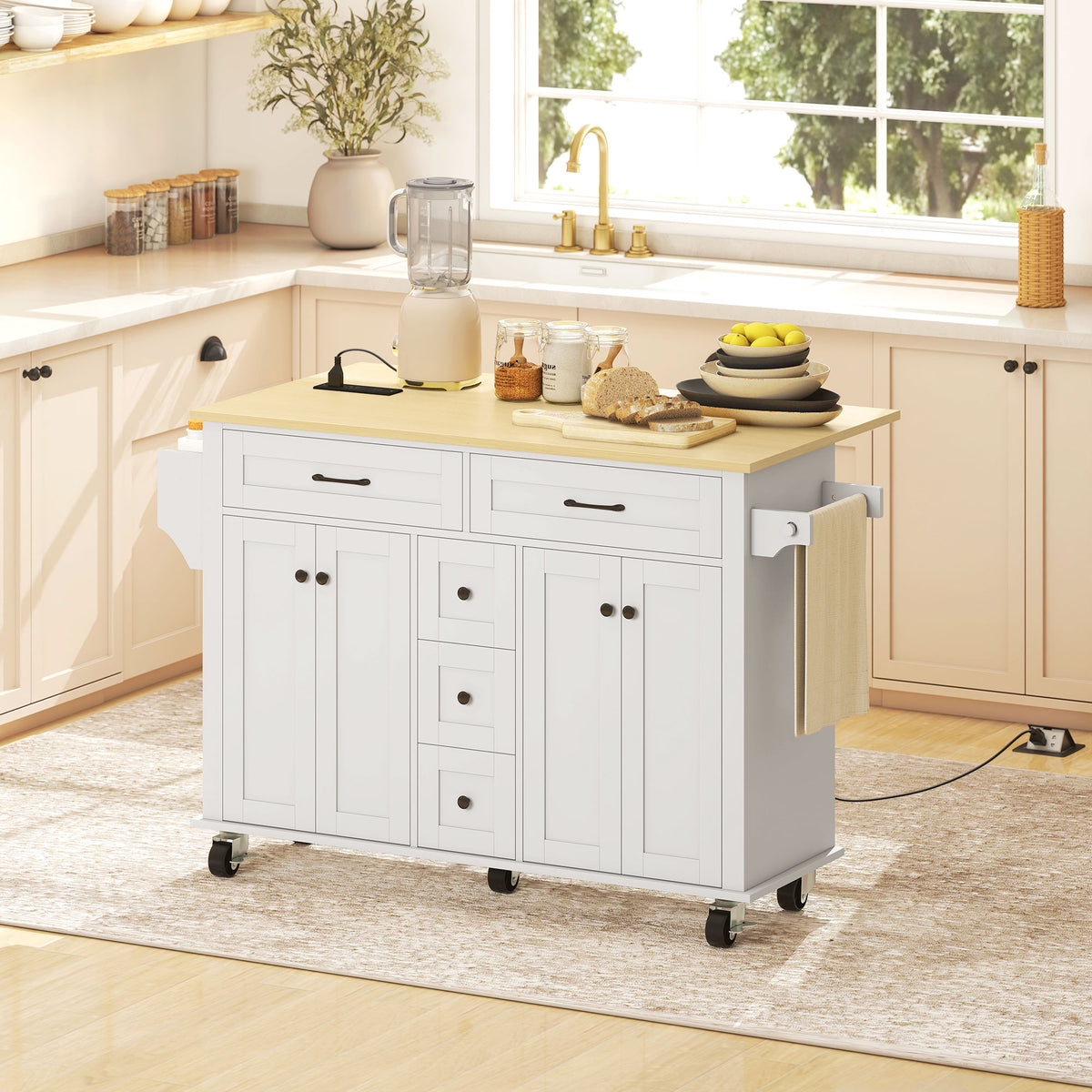 Kitchen Island Cart with Power Outlet & Drop Leaf – 55"W x 35"H