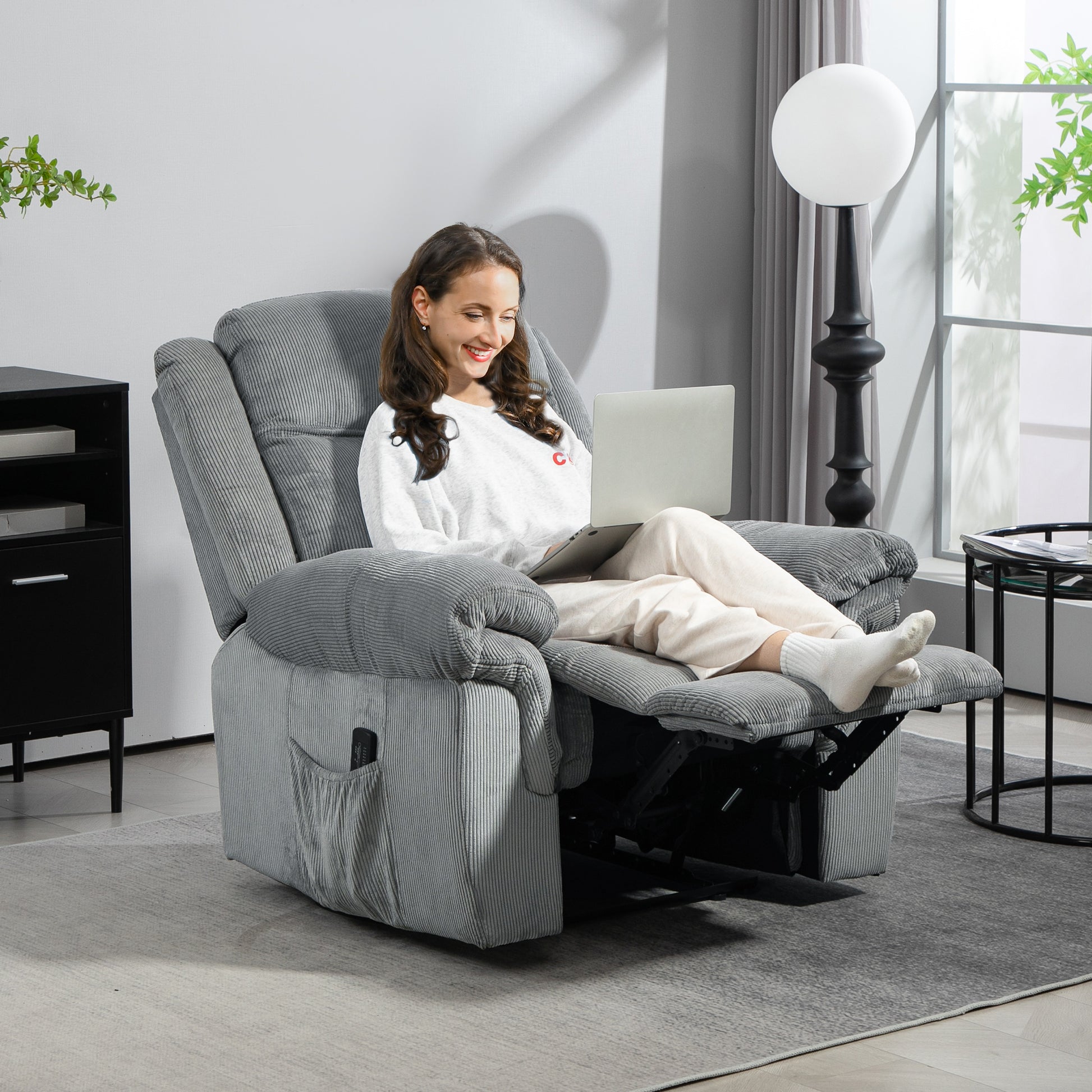 HOMCOM Manual Recliner Chair with Vibration Massage, Side Pockets, Plush Corduroy Fabric, Grey