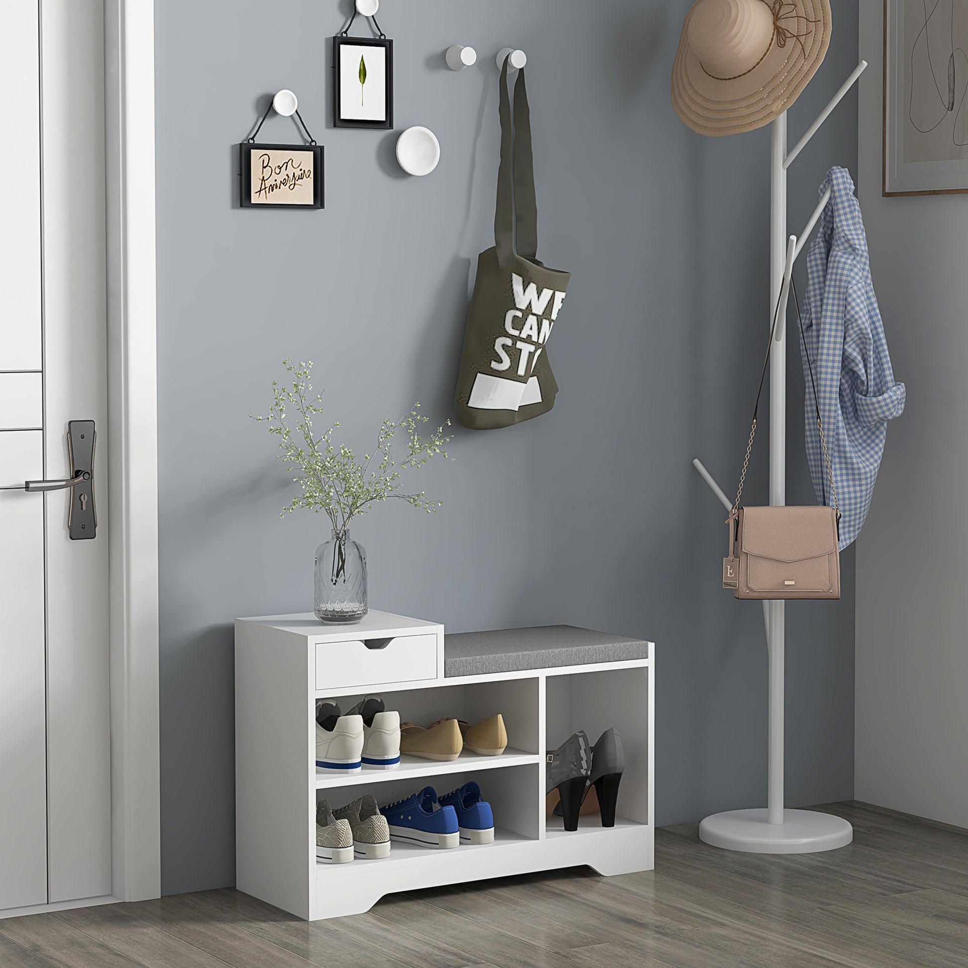 HOMCOM Upholstered Shoe Storage Bench, Comfy Seat, Drawer & 3 Open Shelves