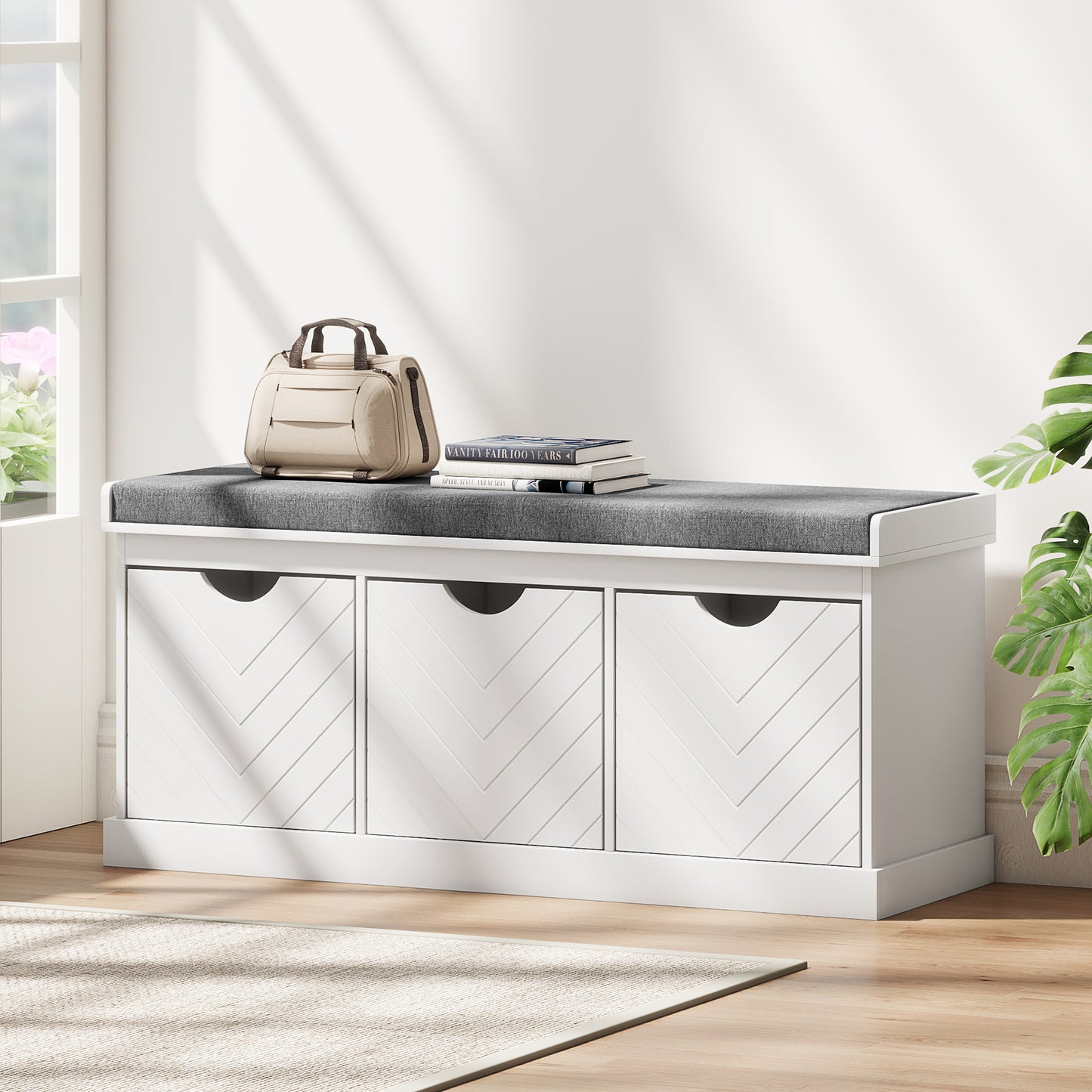 HOMCOM Entryway Shoe Storage Bench with Padded Seat, 3 Removable Drawers, Linen-Look Fabric, White