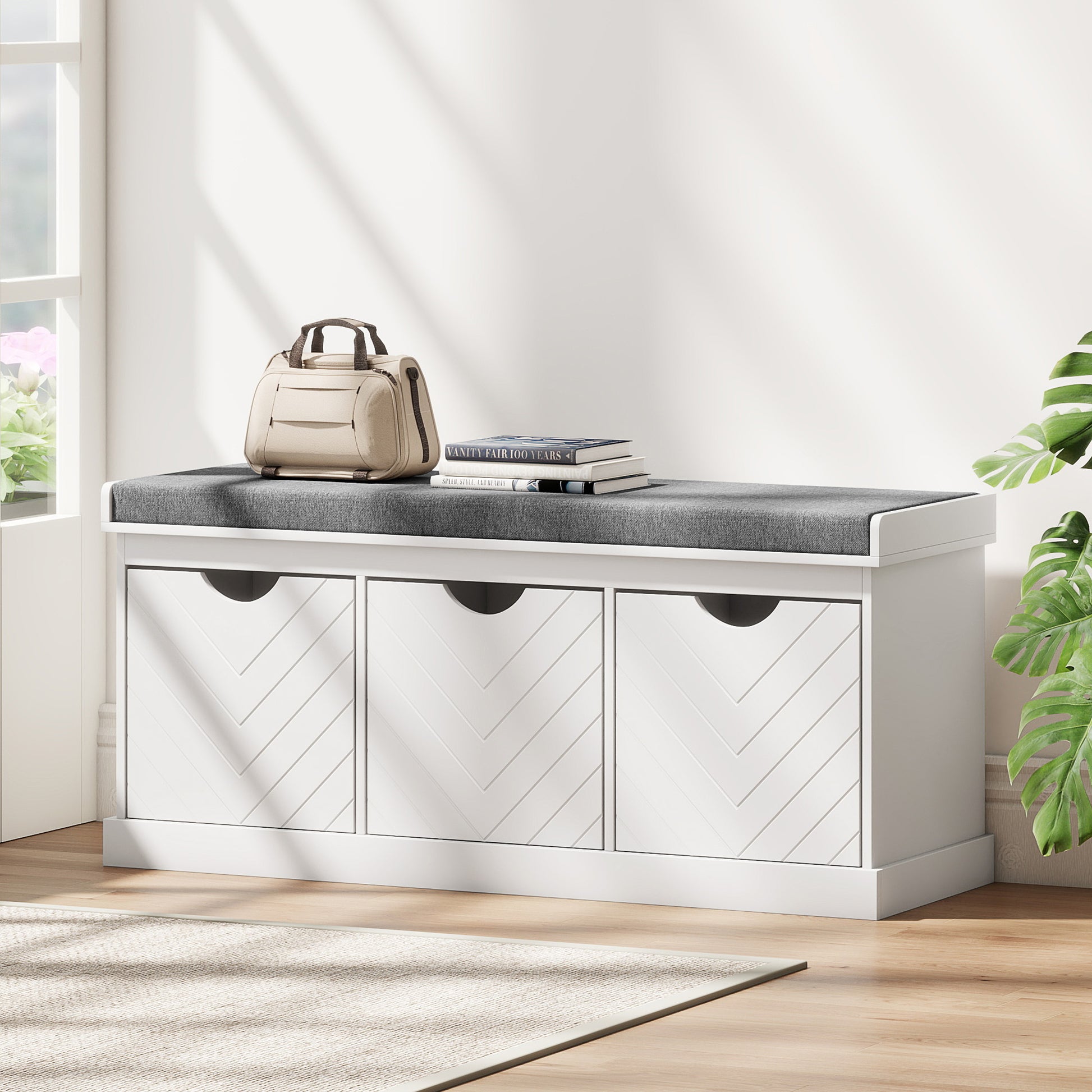 HOMCOM Entryway Shoe Storage Bench with Padded Seat, 3 Removable Drawers, Linen-Look Fabric, White