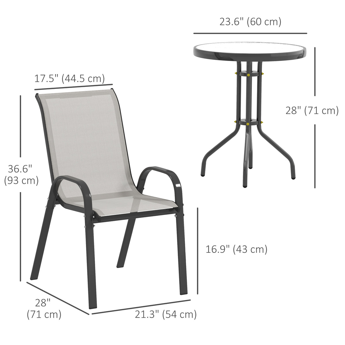 3 Pieces Bistro Set, Small Patio Furniture Set with Stackable Mesh Chairs, Glass Table for Garden, Balcony – Light Grey