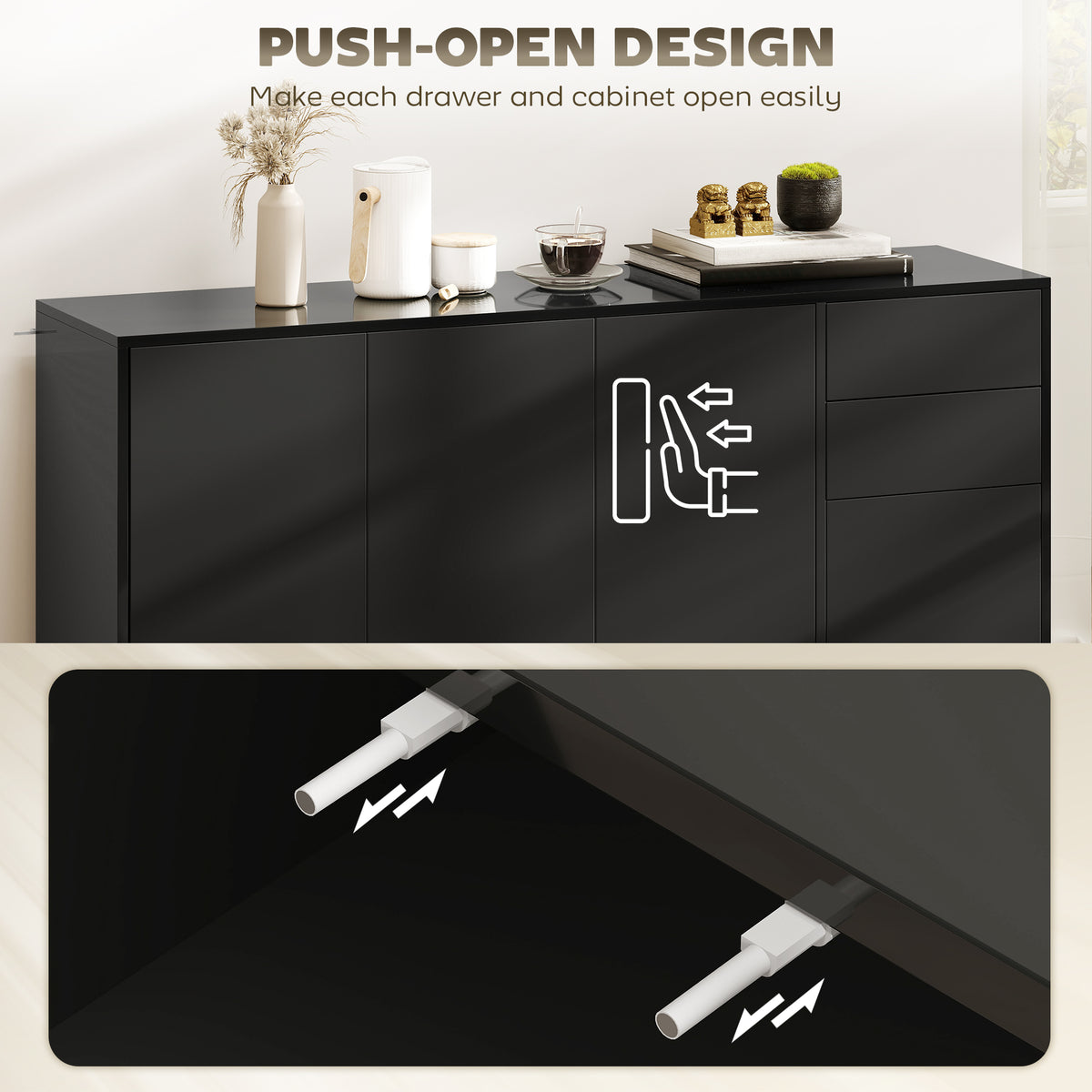 Modern Coffee Bar Cabinet with Push-Open Design and 2 Drawers – 55"W x 29"H