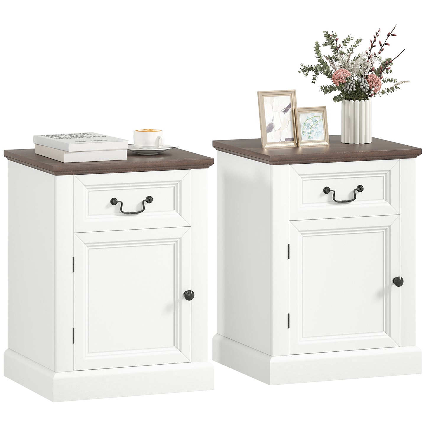 Set of 2 HOMCOM Farmhouse White Nightstands with Drawer and Cabinet