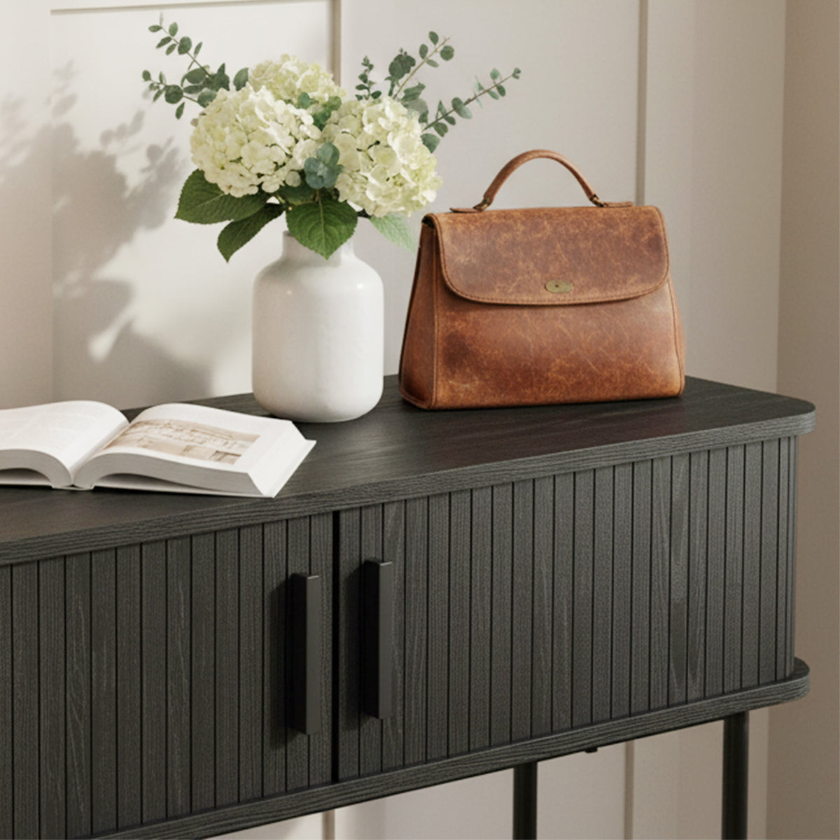 Mid-Century Entryway Console Table with Storage Compartments, Black