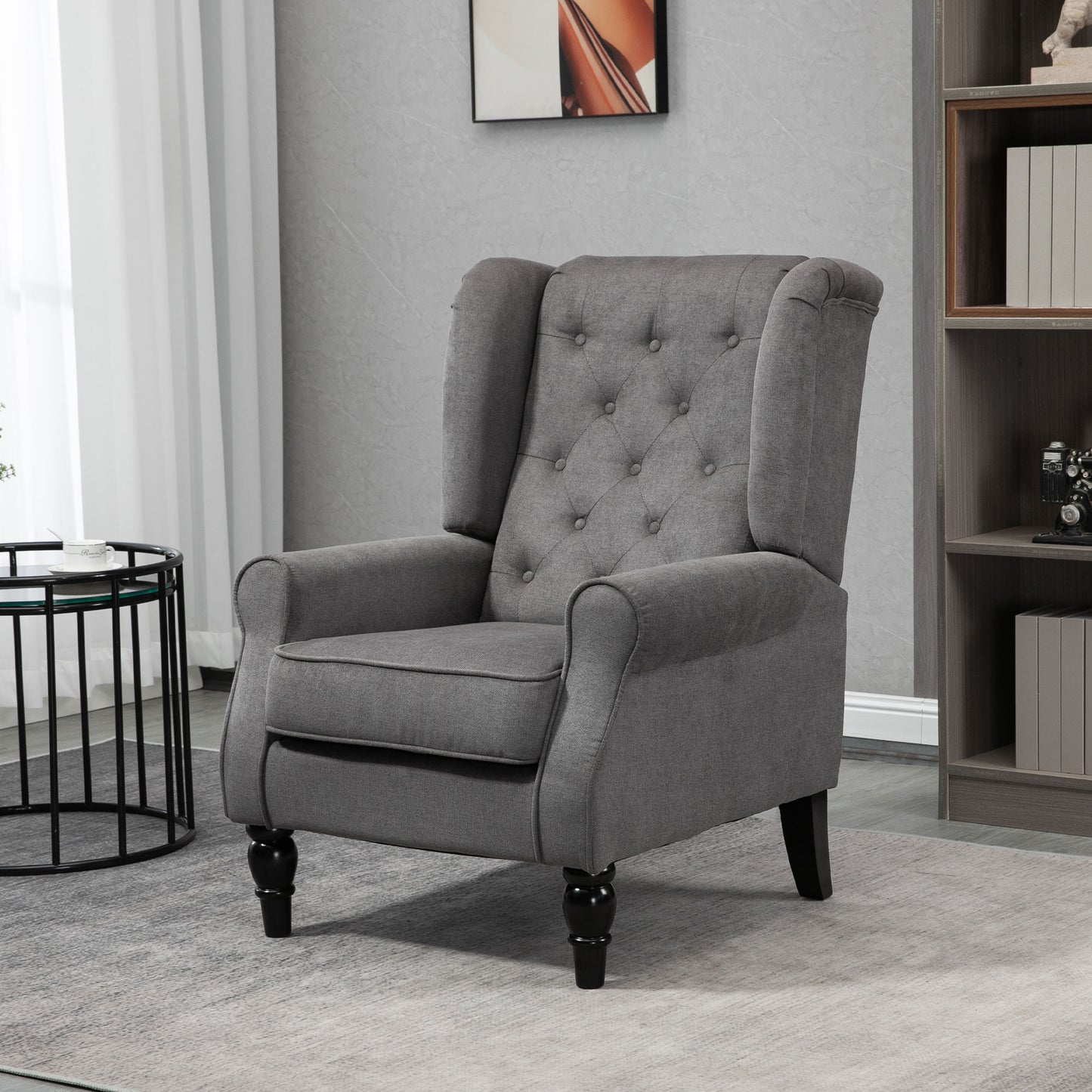 Elegant HOMCOM Fabric Accent Chair with Tufted Back, Wood Legs, Charcoal Grey