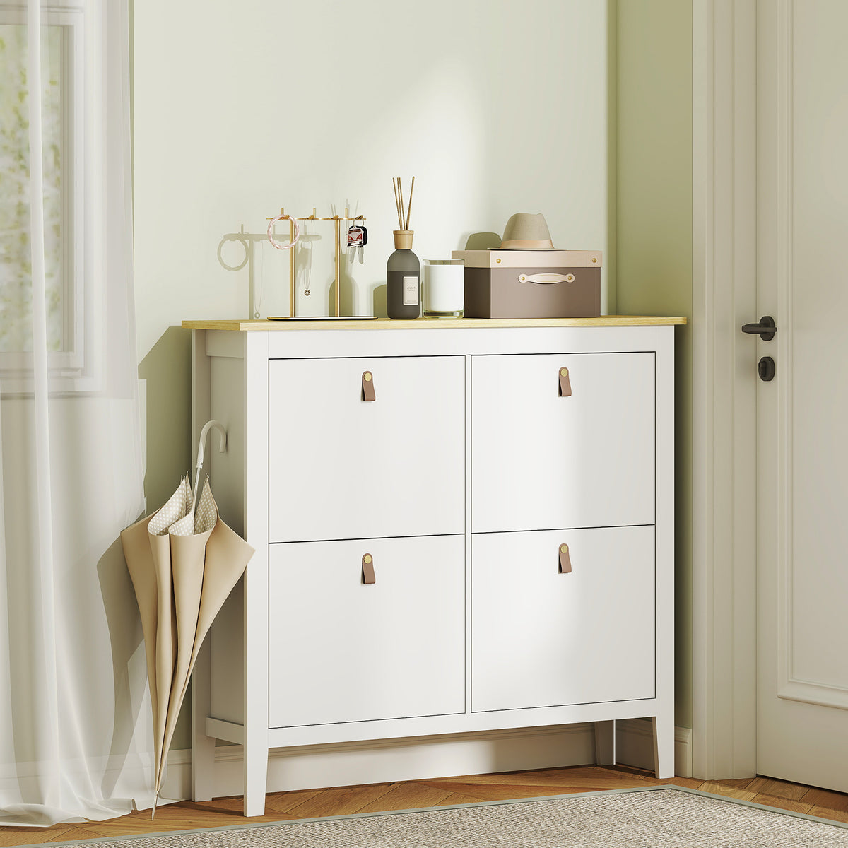 Narrow Shoe Cabinet with 4 Flip Drawers – 41"W x 38"H