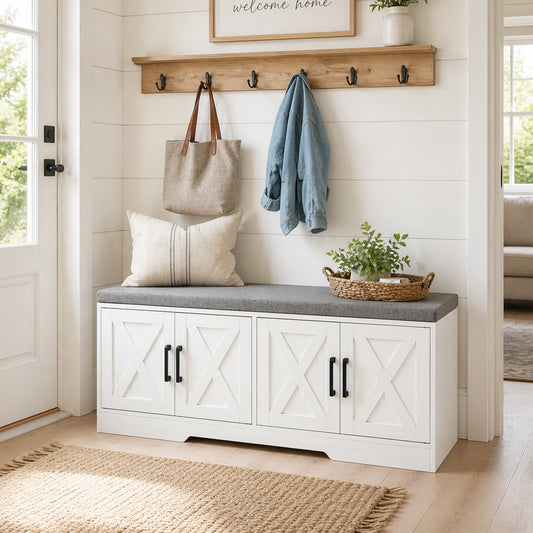 Shoe Storage Bench with Cushion and Doors – 47"W x 18"H