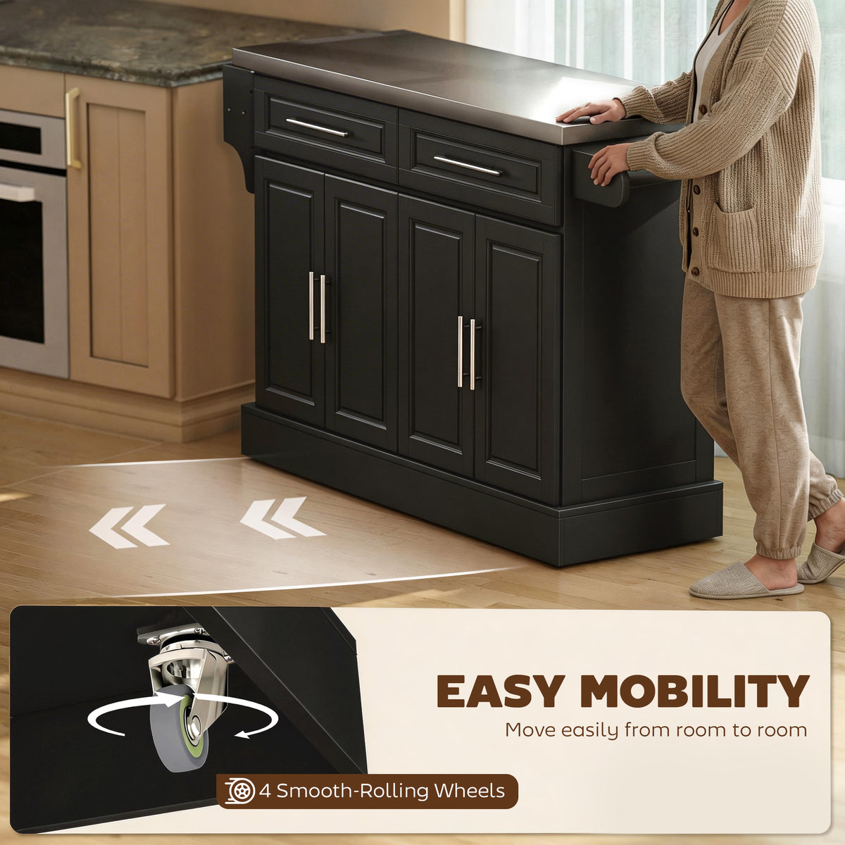 Rolling Kitchen Island with Stainless Steel Top – 57"W x 37"H