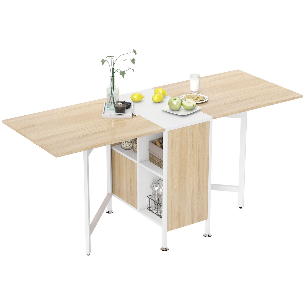 Multi-Use Foldable Dining Table with Hideaway Shelves, 66.5" Drop Leaf Table