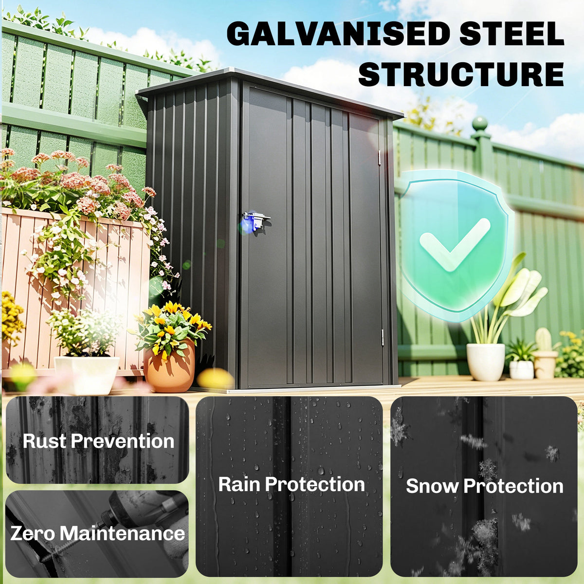 3.3' x 3.4' Lean-to Outdoor Garden Storage Shed, Galvanized Steel with Lockable Door for Patio – Dark Gray