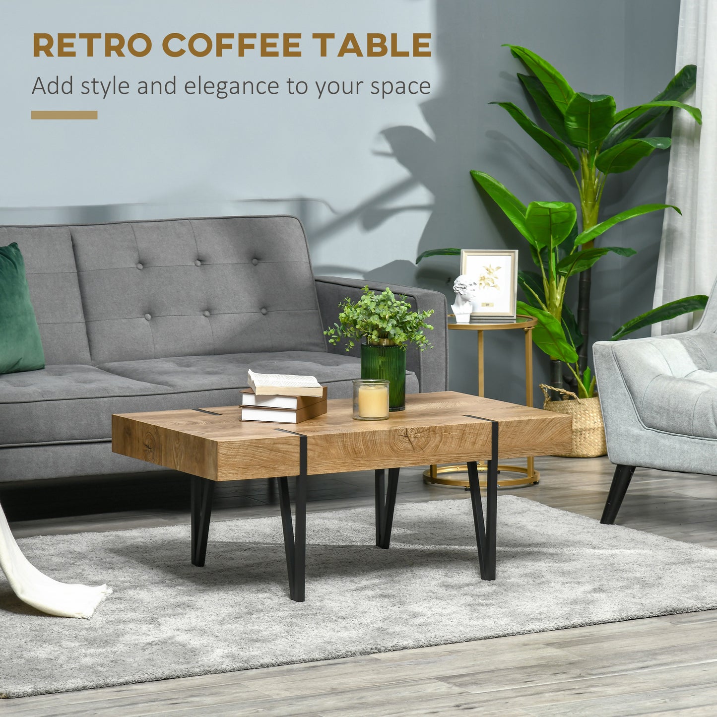 HOMCOM Rustic Rectangle Coffee Table with Steel Hairpin Legs for Home