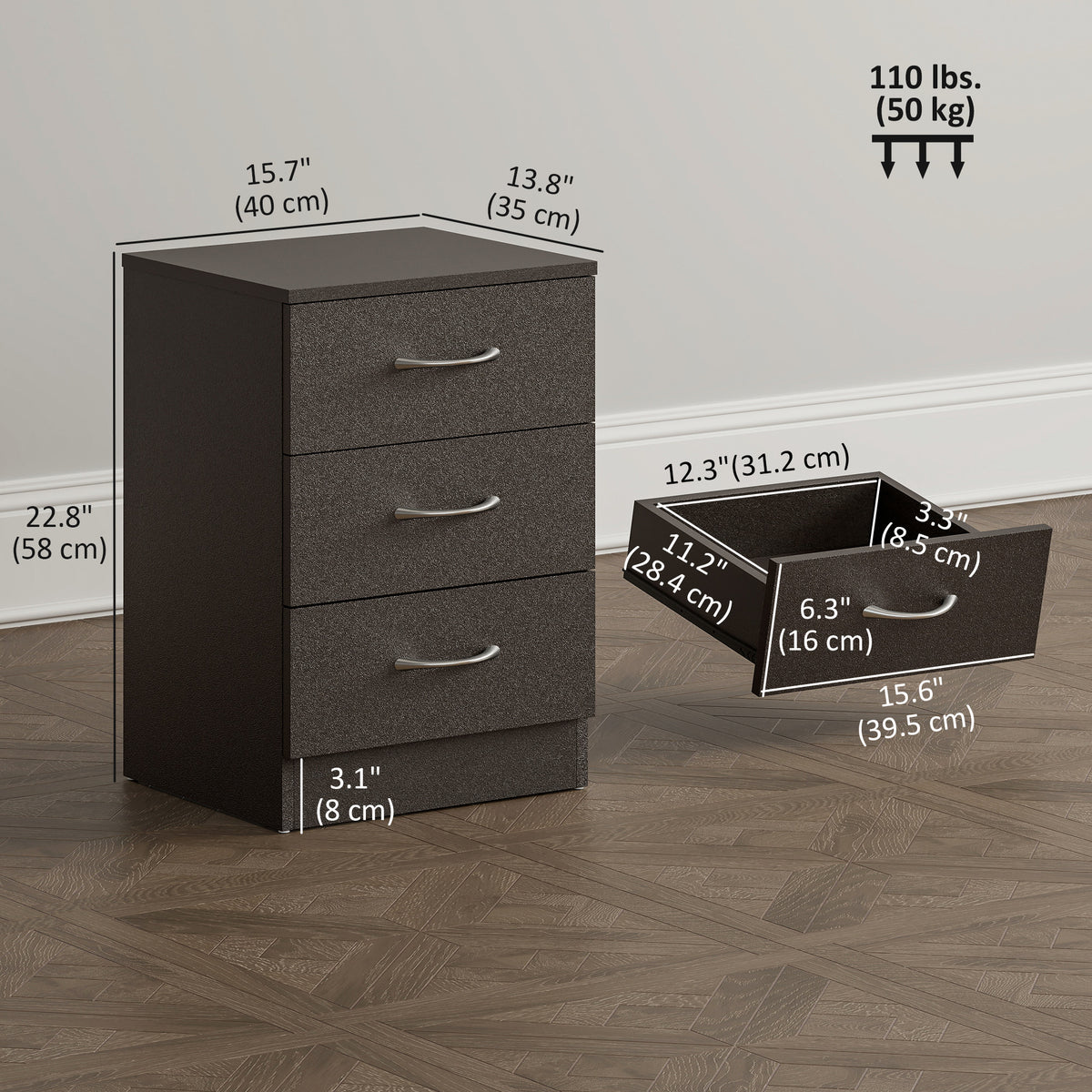 3-Drawer Wood Nightstand – 16"W x 23"H