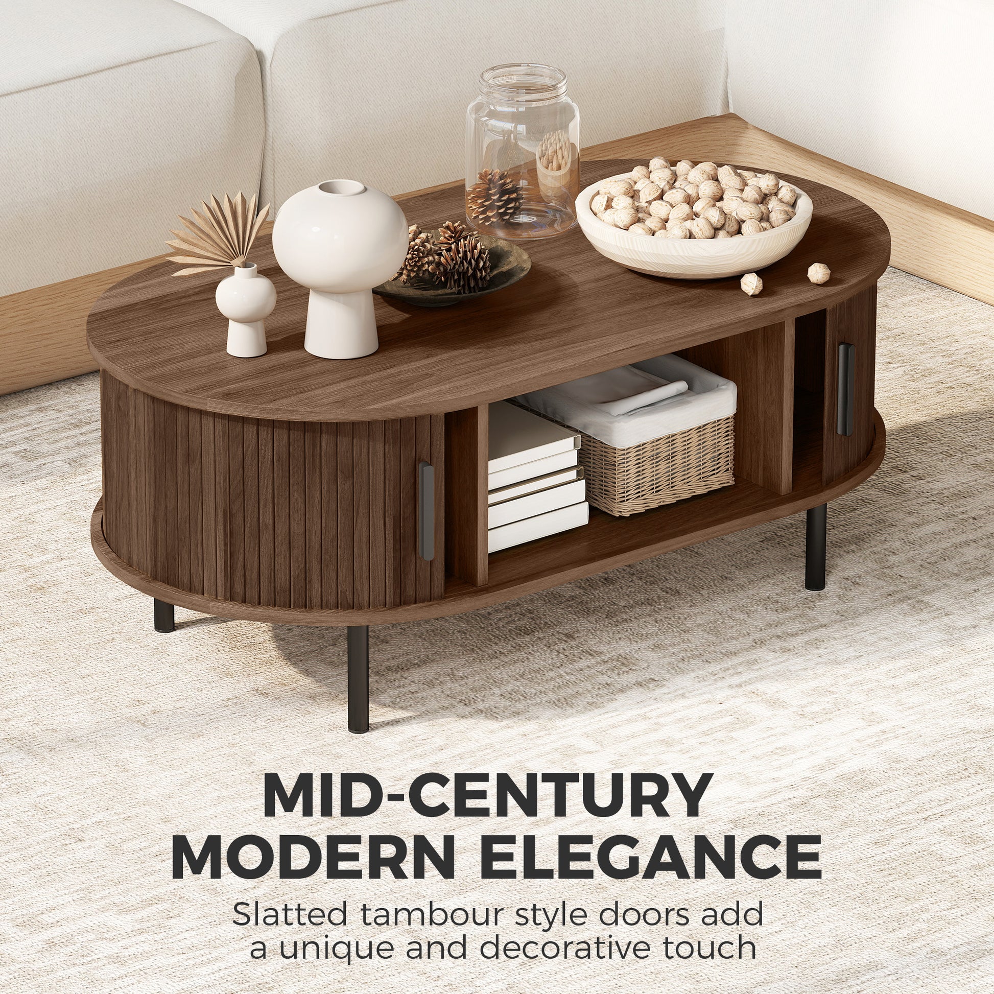 HOMCOM Coffee Table With Sliding Tambour Doors And Storage Center, 39" Brown