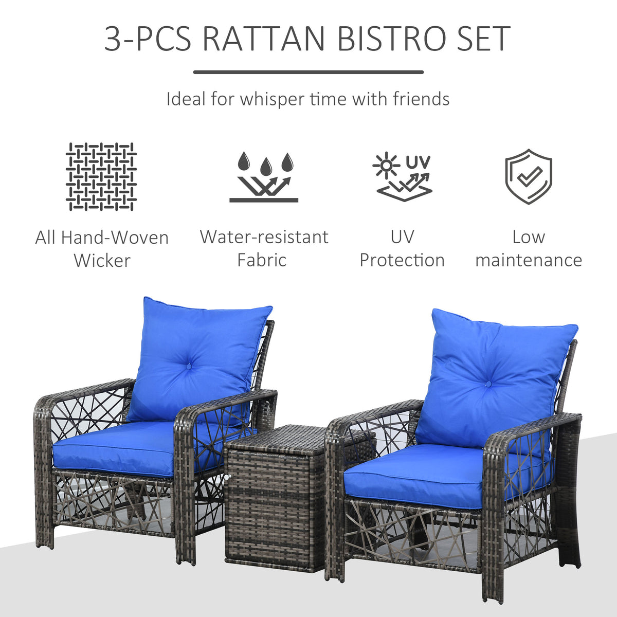 3 Pieces Wicker Patio Furniture Set, Rattan Bistro Set with Storage Coffee Table and Thickened Cushions, Outdoor Conversation Set for Garden, Porch, Balcony