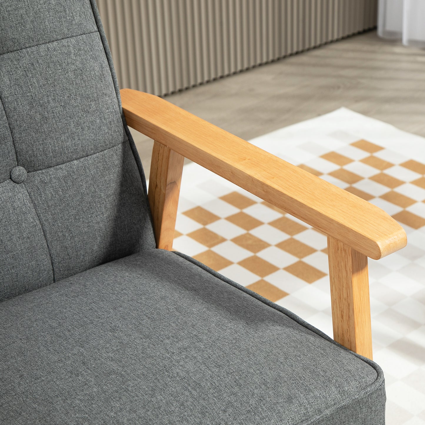 Modern Grey Linen Fabric Button Tufted Accent Chair Solid Wood Frame