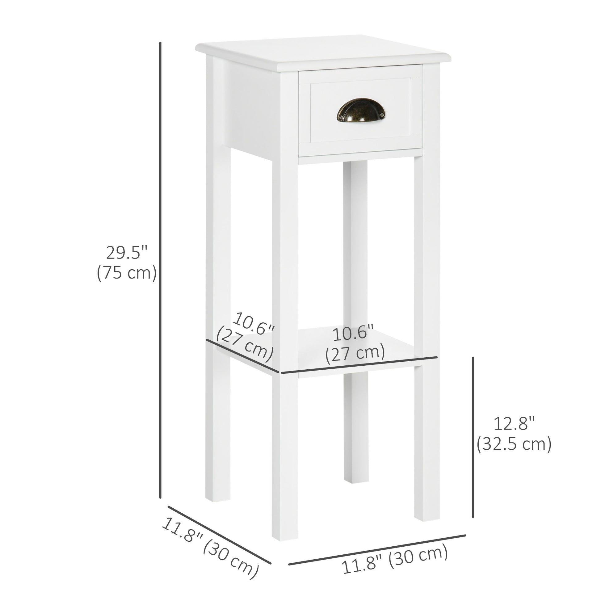 HOMCOM 2-Tier Narrow Tall End Table Set with Drawer & Shelf, White Nightstand