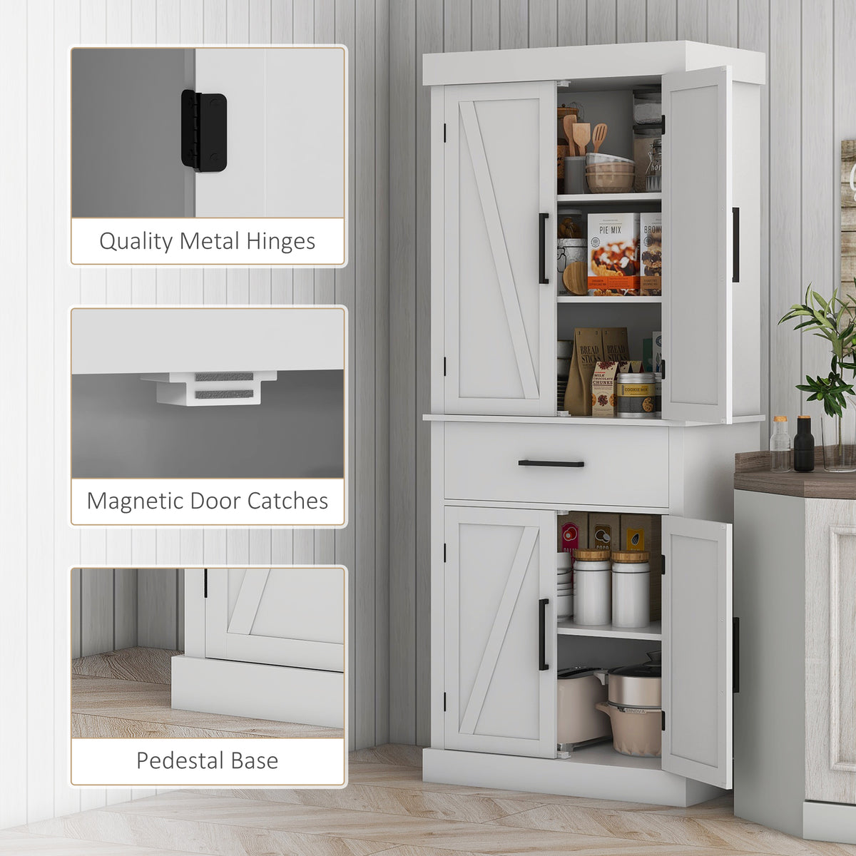 Farmhouse Kitchen Pantry Cabinet with 4 Barn Doors – 30"W x 72"H