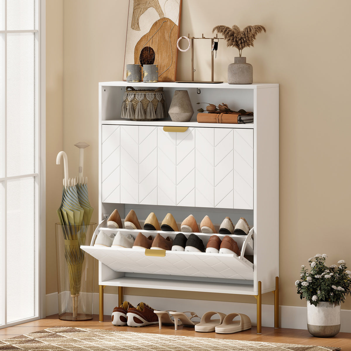 Shoe Cabinet with 2 Flip Drawers – 31"W x 43"H