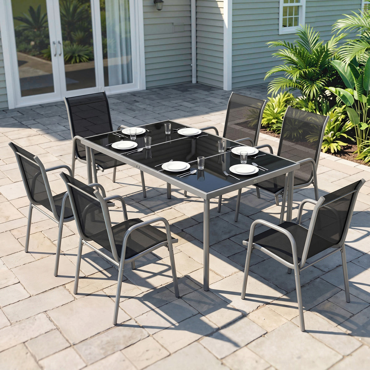 7 Piece Garden Dining Set, Garden Furniture Set with Rectangle Table and 6 Stackable Chairs – Silver, Black