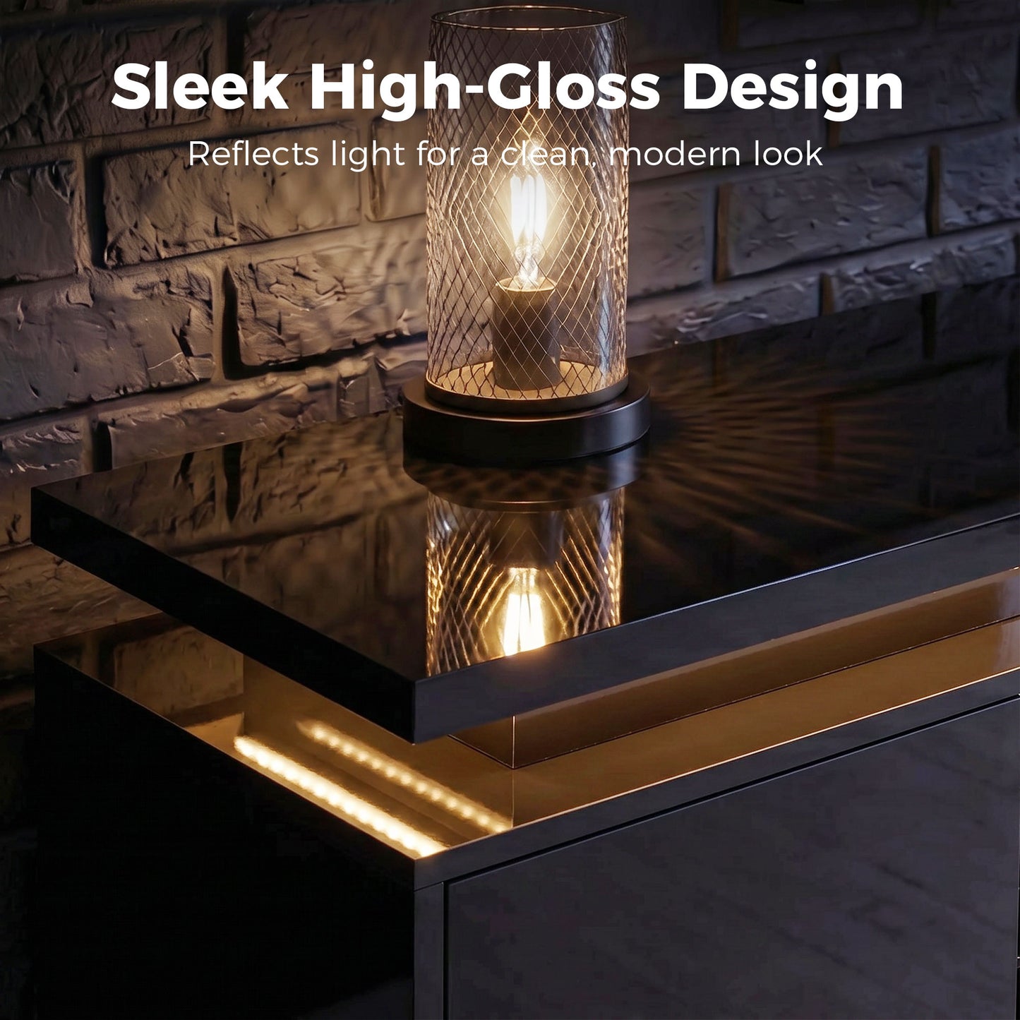 HOMCOM TV Stand LED Lights, Power Outlets, High Gloss Black