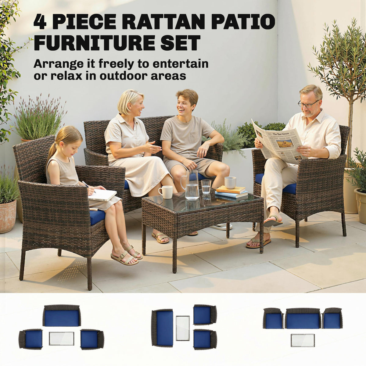 4 Pieces Wicker Outdoor Balcony Furniture Set, Rattan Patio Furniture Set with Loveseat Chairs Glass Coffee Table – Navy Blue
