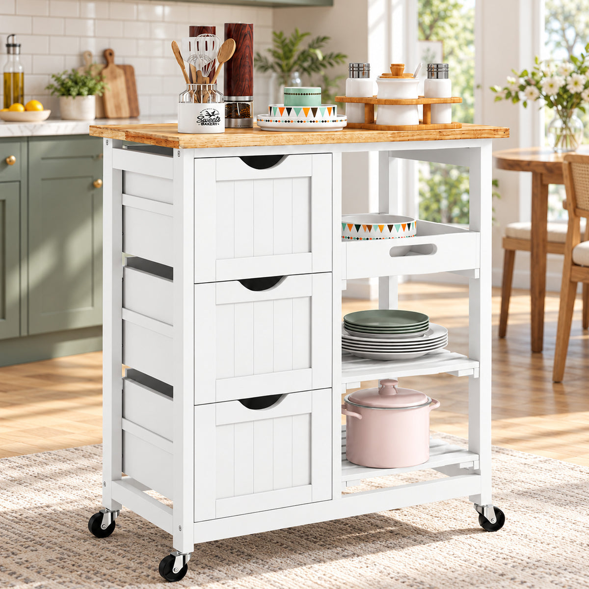 Rolling Kitchen Island Cart with Wood Top – 26"W x 34"H