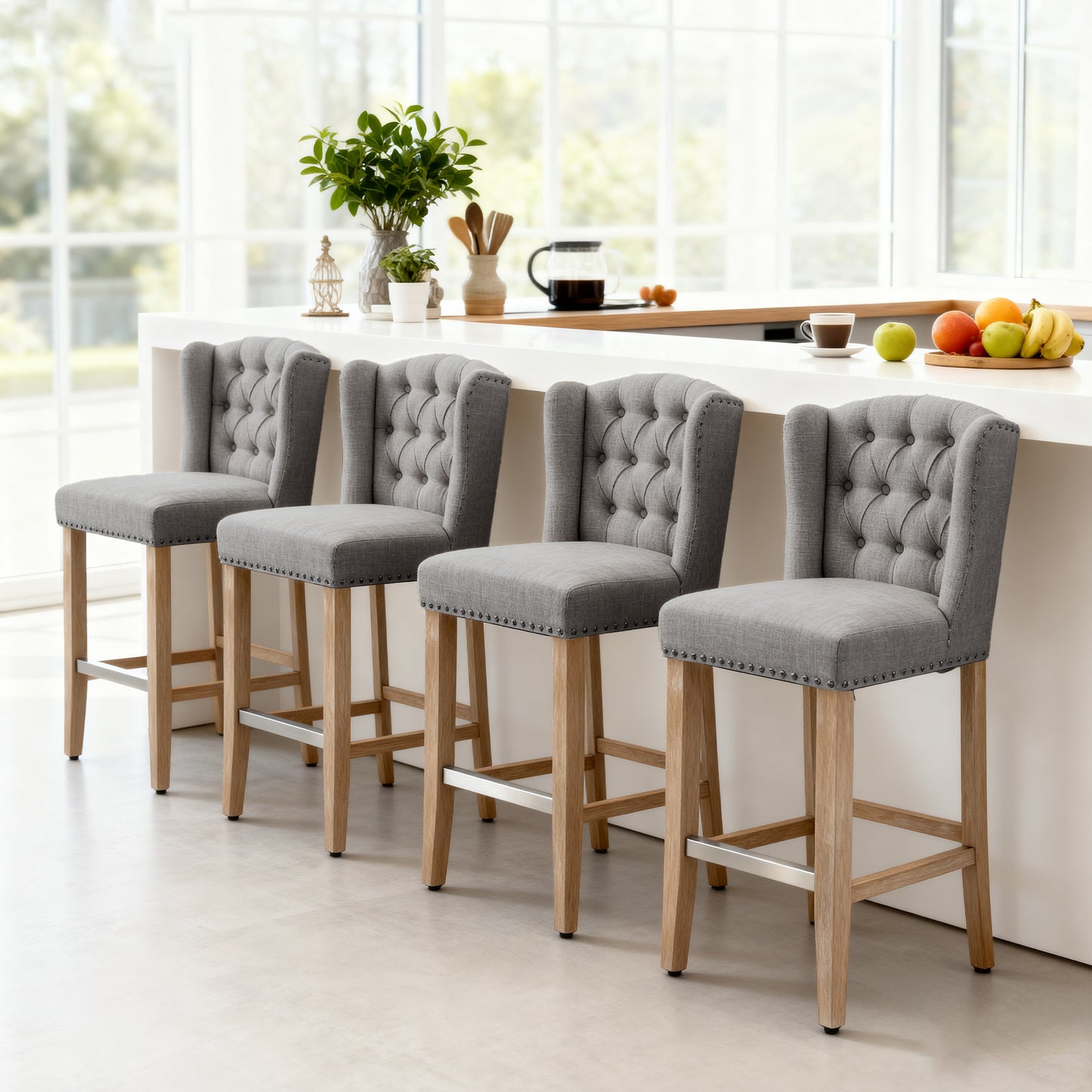 HOMCOM 2-Piece Grey Upholstered Counter Height Bar Stools, Nailhead Backrest