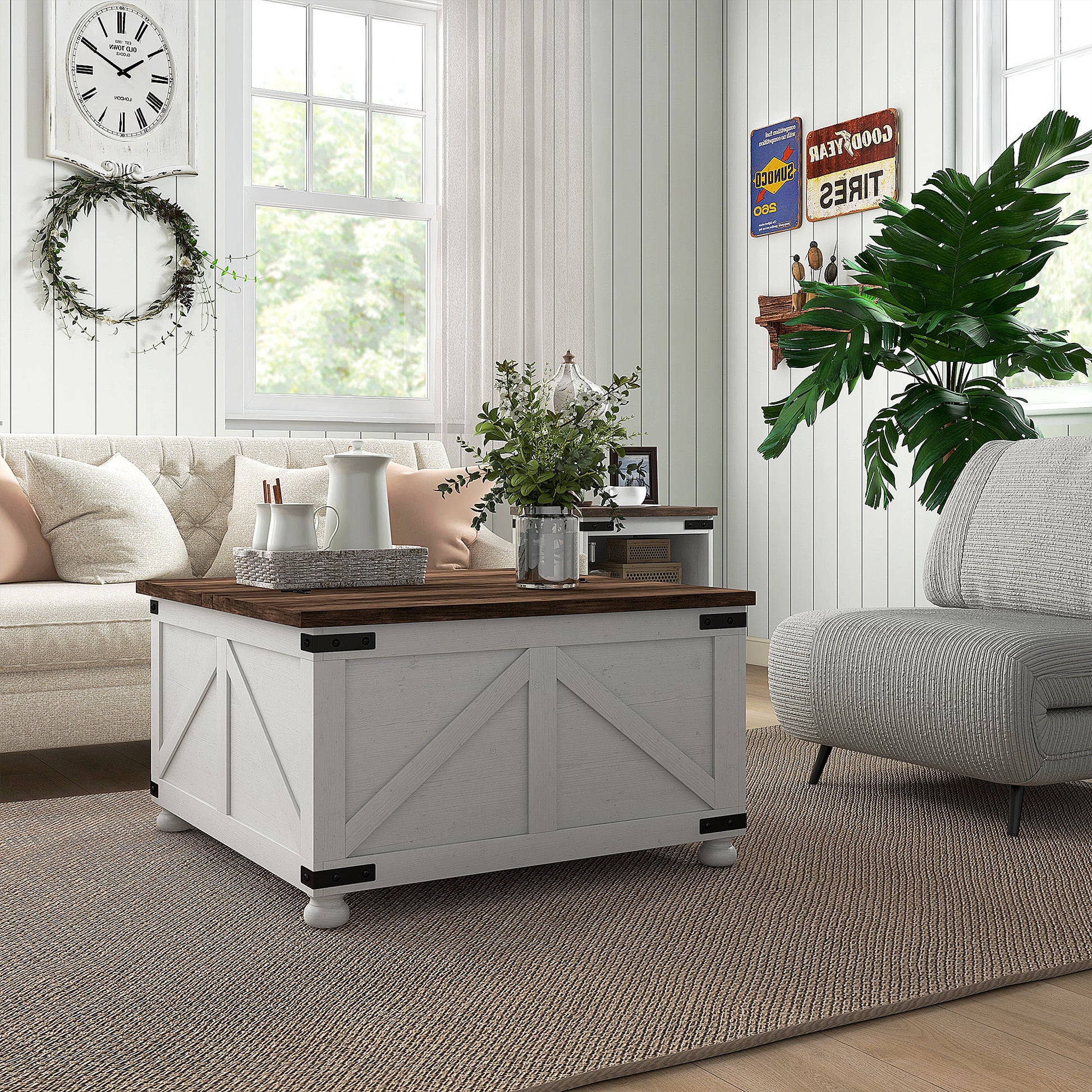 HOMCOM Coffee Table With Lift Top 32" Farmhouse Center Table, Antique White