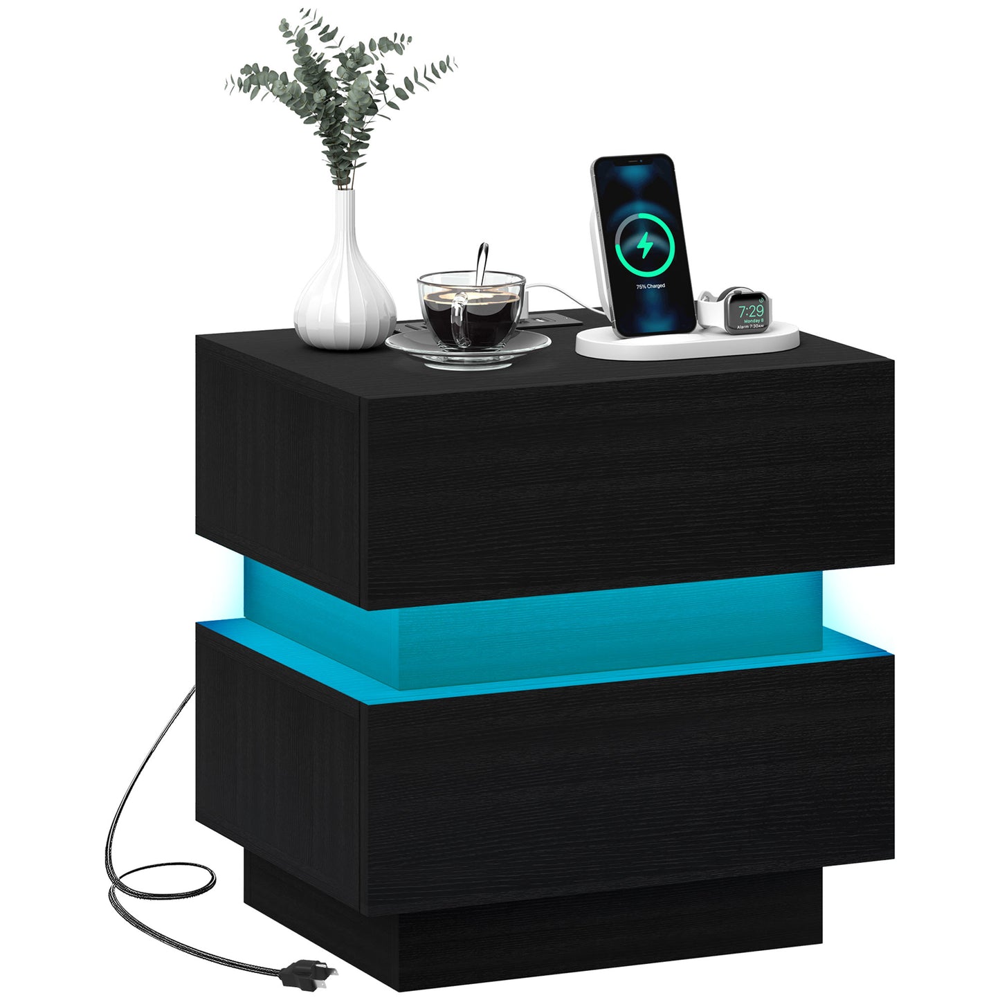 HOMCOM Modern Black Nightstand: LED Light, Charging Station, USB Ports, AC Outlets