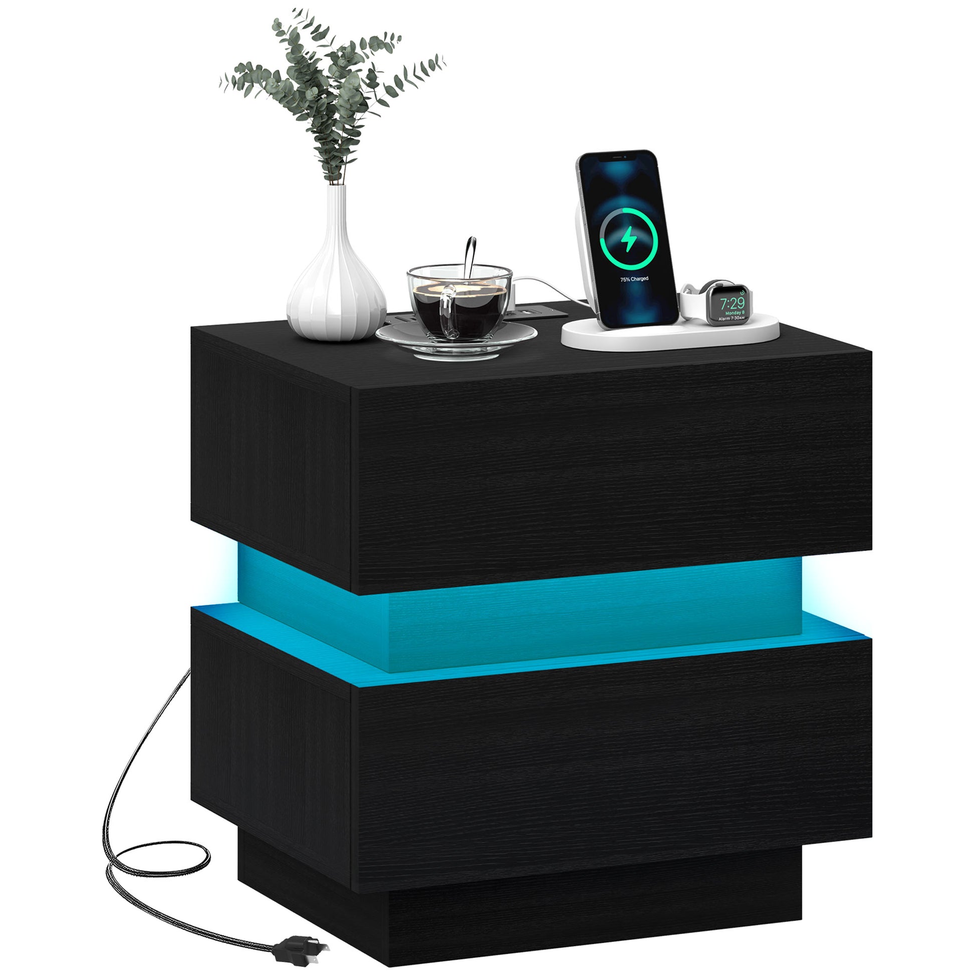 HOMCOM Modern Black Nightstand: LED Light, Charging Station, USB Ports, AC Outlets