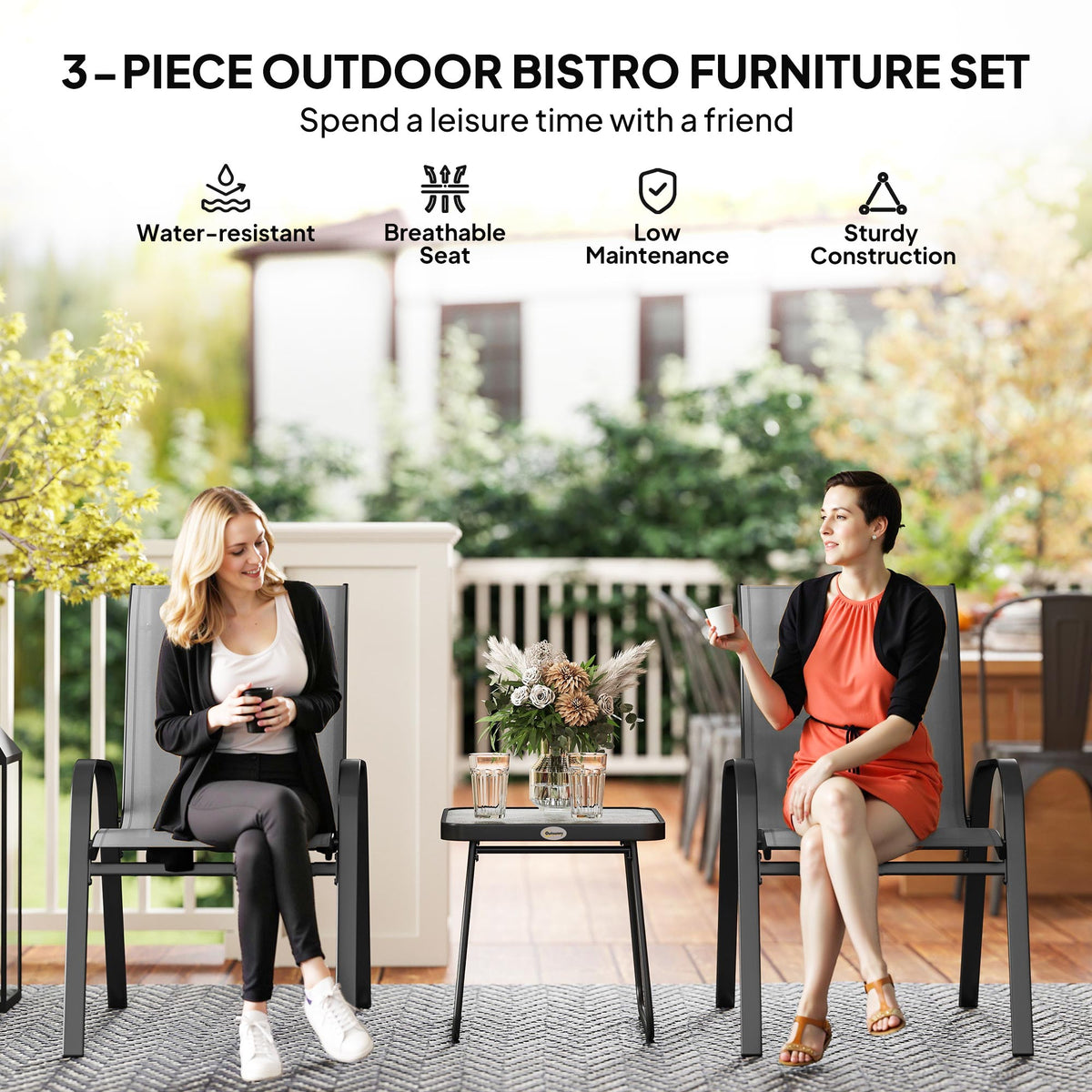 Outdoor Bistro Set of 3, 3-Piece Patio Set with Breathable Mesh Fabric, Stackable Chairs and Square Table