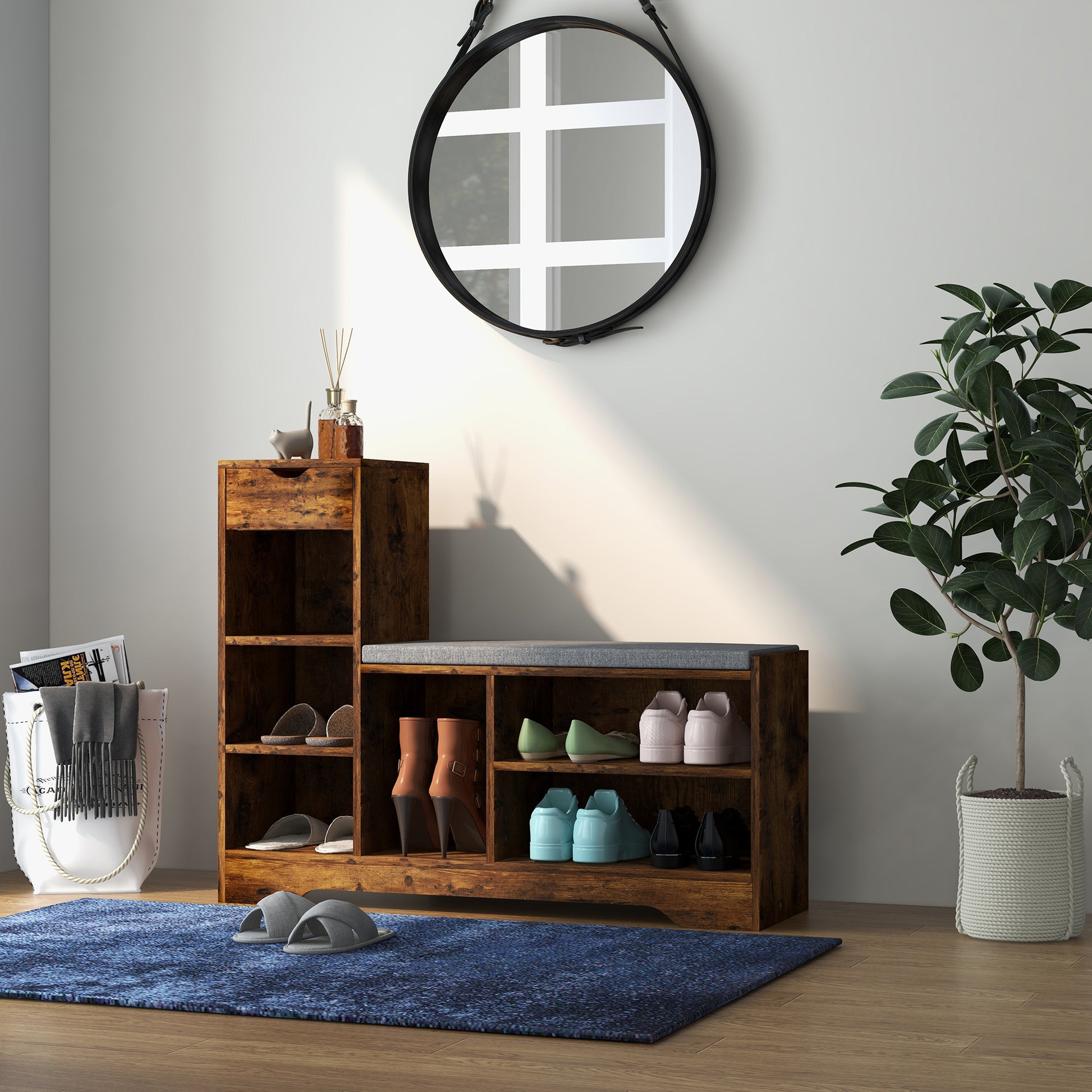 HOMCOM Rustic Brown Upholstered Shoe Storage Bench with Drawer & 6 Shelves