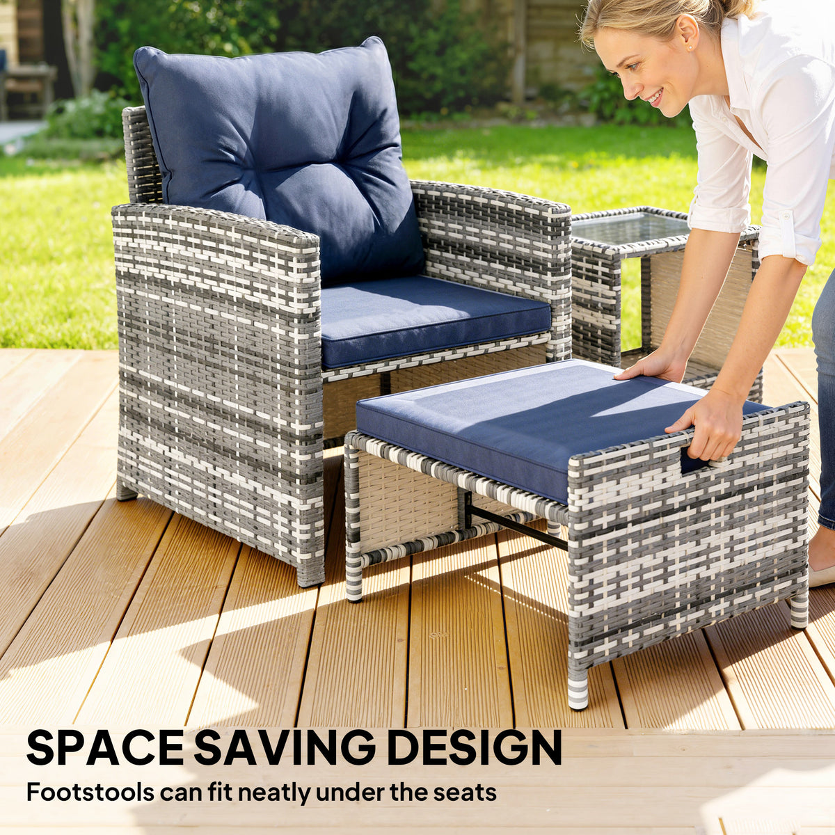5 Piece Patio Furniture Set, Wicker Patio Chairs with Ottomans, 2-Tier Glass Coffee Table and Cushions, Grey/Dark – Blue