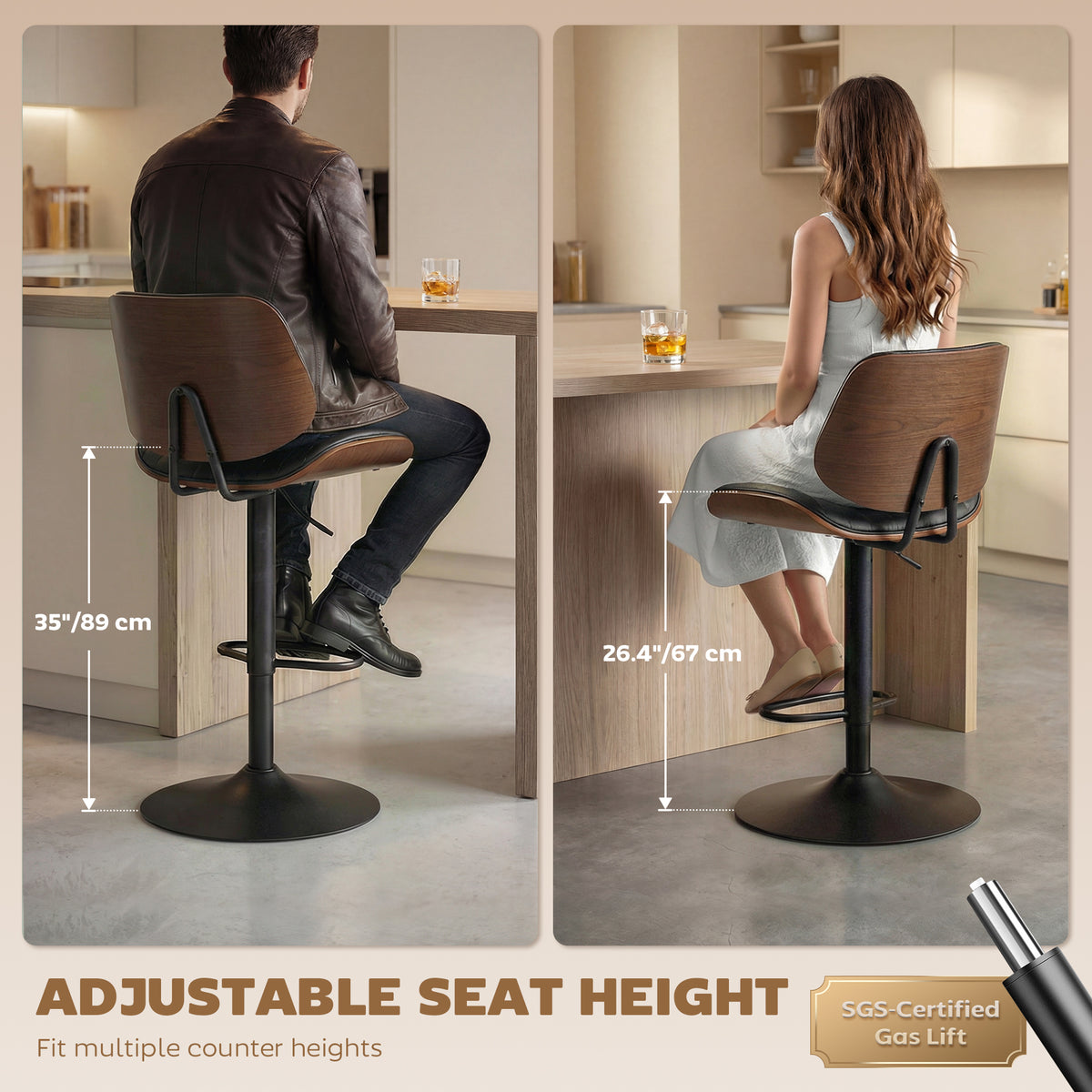 Bentwood-Back PU Leather Swivel Bar Stools, Adjustable, Set of 2, Black