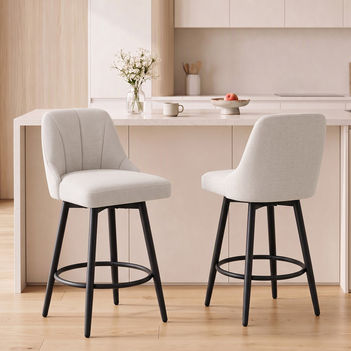Quilted Faux Linen Swivel Counter Stools with Backrest, Set of 2