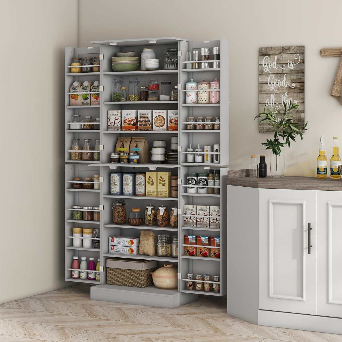Kitchen Pantry Cabinet with 4 Doors and 16 Door Shelves – 24"W x 65"H