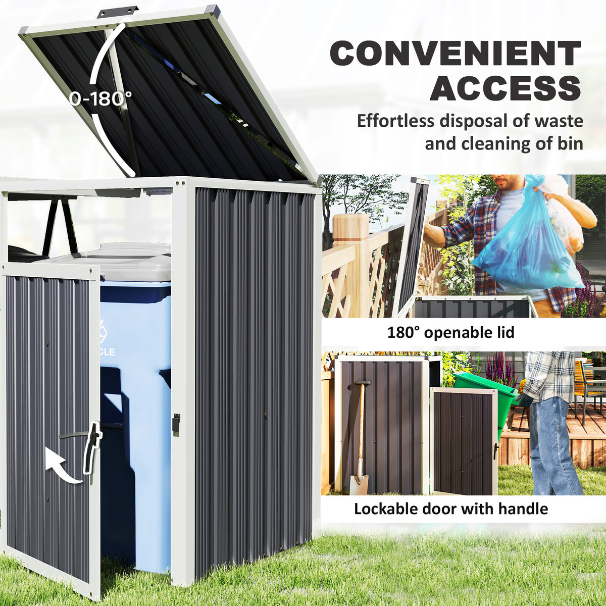 Double Garbage Bin Shed, Lockable Outdoor Storage Shed with Openable Lid, Galvanized Frame for Garden Patio