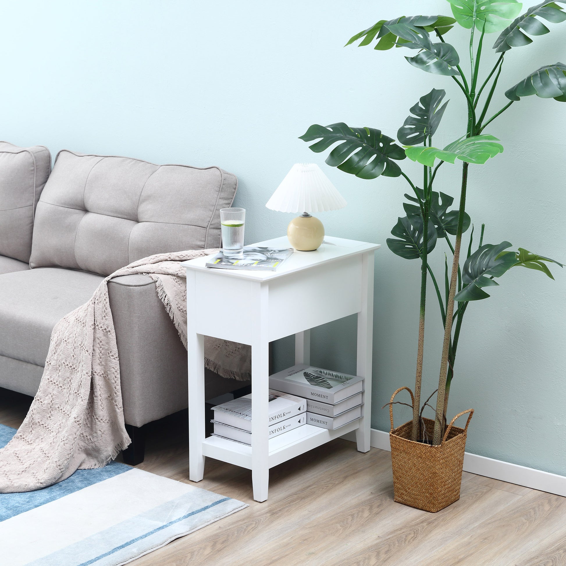 HOMCOM Flip Top End Side Table with Storage, Cable Management, Narrow Nightstand